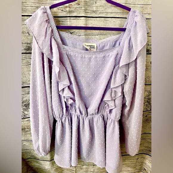 Savanna Jane light lilac boho top, Swiss dotlace details, size 2X. - Picture 5 of 6
